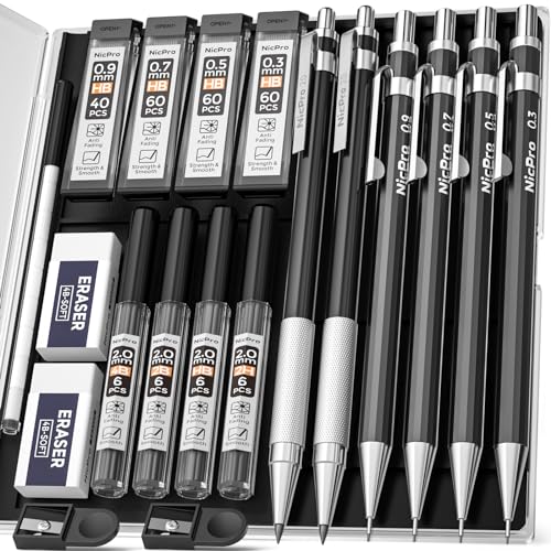 Nicpro 6 PCS Druckbleistifte Set mit Etui, Metall Mechanische Bleistifte 0,3, 0,5, 0,7, 0,9 & 2 mm Fallminenstift mit 8 Röhrchen Bleistiftminen (4B 2B HB 2H), Radiergummis, für Schreiben, Skizzieren