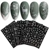 JMEOWIO Nagelsticker Weihnachten Glitzer 9 Blatt Nail Art Sticker Selbstklebend Nagelaufkleber Schneeflocke Weihnachten Winterurlaub Weiß Dekoration Nageldesign Zubehör