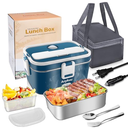 Anykuu 100W Beheizte Lunchbox Tragbare Elektrische Lunchbox 1,8L 3-in-1 12V/24V/220V für Auto/LKW/Büro/Haus Elektrische Essensbox mit Gabel & Löffel