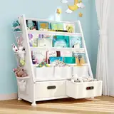 GoTiling Kinder Bücherregal Kinderzimmer Spielzeugregal: Bücherregal mit 2 Aufbewahrungsboxen und 3 Ablagen, Spielzeug-Organizer für Kindergarten, Spielzimmer, Weiß