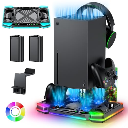 Kühlständer-Ladestation für Xbox Series X-Konsole und Controller, Kühler-Lüfter-Ladestation für Xbox Series X-Zubehör mit 11 RGB-Lichtmodi, 2 x 1400 mAh wiederaufladbaren Batterien, Spielespeicher