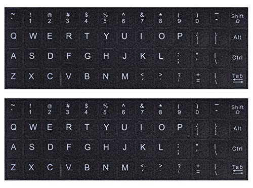 2 x englische Tastatur-Aufkleber, universelle Tastatur-Buchstaben-Ersatzaufkleber, weiße Schrift auf schwarzem Hintergrund, für Computer, Laptop, Notebook, Desktop, matte Tastatur-Alphabet-Aufkleber