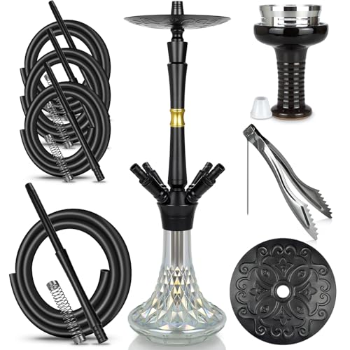 Shisha Set Komplett Schisha 4 Anschlüsse - Shisha mit Premium Wasserpfeife Zubehör inkl. 4 Schaluch Phunnel Kopf Mit HMD + 4 Mundstück Tauchrohr - Schwarz