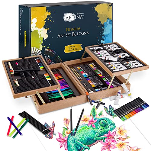 Artina 127tlg Malset Bologna XXL Künstler Set mit FSC Holz Malkoffer – Acrylfarben, Aquarellfarben, Buntstifte, Pastellstifte, Fineliner, Bleistifte - Großes Zeichenset mit Aufbewahrung für Anfänger