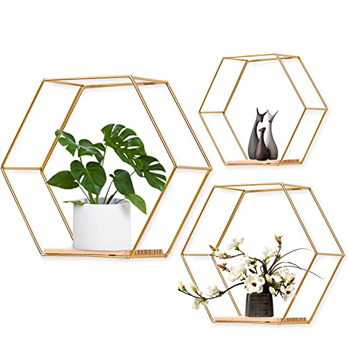 Hexagon Wandregal Metall 3er Set, Gold Deko Hängeregal Loft Wandregale, Wand Regal für Wanddeko in Wohnzimmer, Schlafzimmer, Bad, Café und Hotel