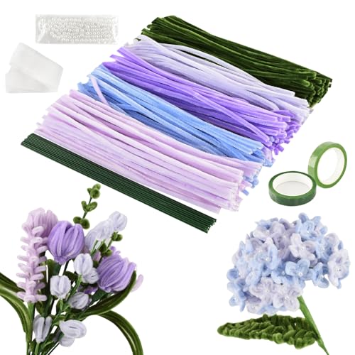 Joyblossom Pfeifenreiniger zum Basteln Set, 250 Stück in 5 Farben zum Basteln, Pfeifenreiniger Blumen-Set, mit Blumendraht, Schleifenband, Bänder, Perlen für Blumenstrauß DIY Basteln, Violett
