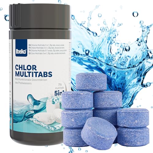 Belko® Chlor MultiTabs 5 in 1, 20 g Multifunktionstablette, langsamlöslich Langzeitdesinfektion Algenvernichtung Trübungsentfernung Chlortablette für Pool Härtestabilisator - ideal für Pools bis 20m³