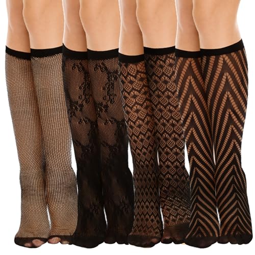 AOZUO 4 Paar Netzstrümpfe,Kniestrümpfe Damen Sexy,Fishnet Fischnetz Socken Knee High Socks Halterlose Strümpfe Kniestrümpfe Netzstrümpfe Hohle Schwarze Wadensocken Stilvolle Dehnbare Spitzensocken