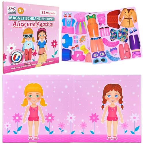 MAGNIKON Magnetspiel Alice und Agatha, Magnet Puppen zum Anziehen, Magnet Anziehpuppen, Spielzeug für unterwegs, Anziehbuch, Magnetische Anziehpuppe mit 39 Magneten
