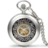 JewelryWe Herren Damen Taschenuhr Vintage Klassiker Handaufzug mechanische Kettenuhr Skelett Uhr mit Halskette Kette Umhängeuhr Vatertag Silber