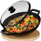 KAISERTAL 32cm Gusseisen Wok Induktion - Wokpfanne aus Gusseisen mit Glasdeckel - Gusseisenpfanne perfekt für für Gasgrill, Herd, Ofen & Paella Pfanne - Induktionsgeeignet für Stir Fry oder Sac Tava