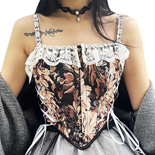 Florales Bustier, französischer Vintage-Stil, Schnürung, Tank-Top, Taillenmieder mit Trägern, bauchfreies Oberteil, Korsett Tops für Frauen zum Ausleihen von Blumen-Bustier-Crop-Top
