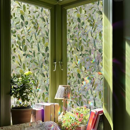 Funlife 43x300cm Fensterfolie Blickdicht Statische Fensterfolie,Fensterfolie Buntglas Regenbogen Dekorfolie,Fensterfolie Grün für Badezimmer Küche Schlafzimmer, Grün Aquarell Eukalyptusblätter