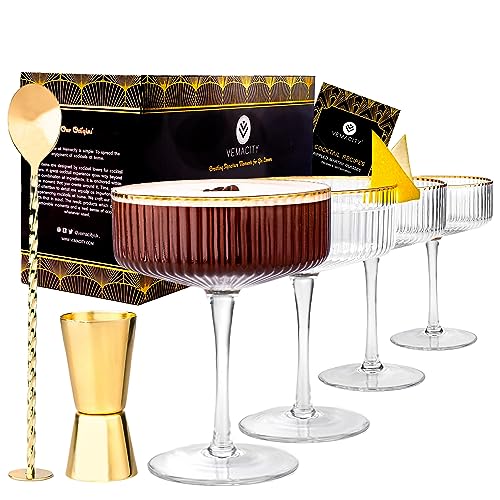 Luxus Geriffelte Martini Gläser Cocktailgläser Set von 4 mit Gold Rändern | Gold Cocktail Löffel, Ausgießer, Rezept e-Book | Champagner Gläser | Cocktails Glas| Coktailgläser- set | cocktailglas