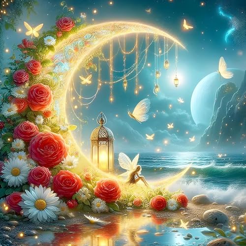 QINRUBB DIY Mond Diamond Painting Erwachsene, 5D Blumen Diamant Painting Bilder Anfänger, Runder Strand Vollbohrer Diamanten Malerei Stickerei Kreuzstich Geschenke Home Wand Dekor 30x30cm