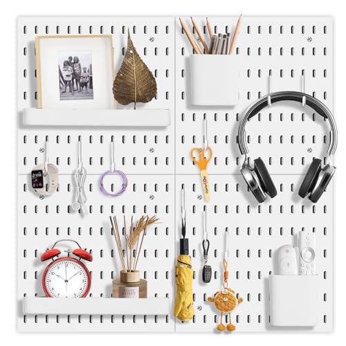 Savieva Wand Organizer Stecktafel Set, lochwand Set 56 x 56 cm, Komplettset (4 Kacheln 28 x 28 cm Stecktafeln) und Zubehör für Zuhause und Büro, freie Kombination und einfache Installation (White)