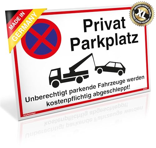 Großes Schild Privat Parkplatz | Alu 42 x 30 cm | Unberechtigt parkende Fahrzeuge werden kostenpflichtig abgeschleppt! weiß | stabiles Alu Schild mit UV-Schutz | Privat Parkplatzschild | Dreifke®