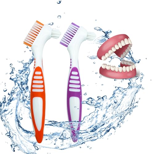 FloraVigo 2er-Pack Prothesenzahnbürste, Mini-Zahnbürste, Doppelwinkel-Bürstenkopf, tragbare ergonomische Prothesenreinigungsbürste, Dentalgerät (Grün + Orange)