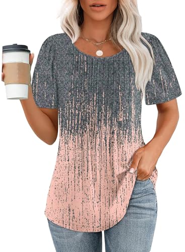 Chicrise Tshirt Damen Rundhals Plissee Floralen Top Kurzärmelig Große Größen Longbluse Mehrfarbig X Groß 46-48