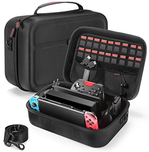 Bestico Tasche für Nintendo Switch/Switch OLED, Deluxe Harte Tragetasche Hülle Schutz Case mit Größerem Speicherplatz für die Switch Konsolle, Pro Kontrolleur und Andere Zubehör mit 18 Spielpatronen