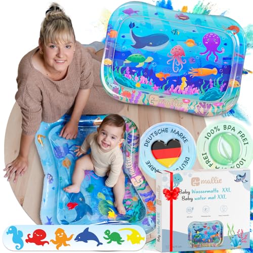 Mallie® Wassermatte Baby BPA Frei Wasserspielmatte (Blau 95x75 CM) XXL Türkis Blau - Wasserspielmatte Baby, Baby Matte, Babymatte für Baby 3 Monate I Baby Wassermatte für Entdecken & Bewegen