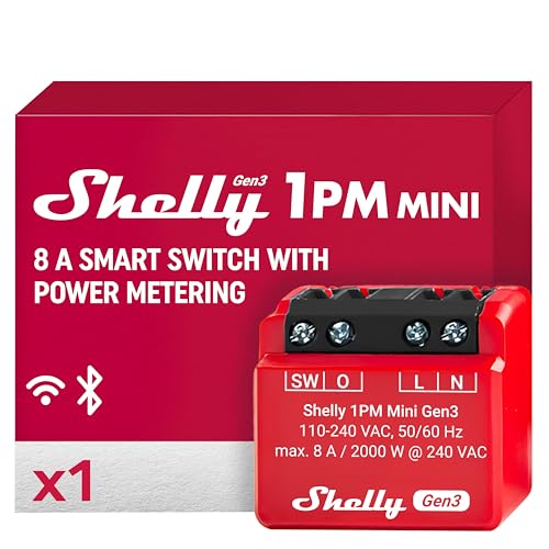 Shelly 1PM Mini Gen3 | WLAN & Bluetooth Smart Relais Schalter, 1 Kanal 8A mit Strommessung | Unterputz Lichtschalter | Kompatibel mit Alexa und Google Home | iOS-Android-App | Kein Hub erforderlich