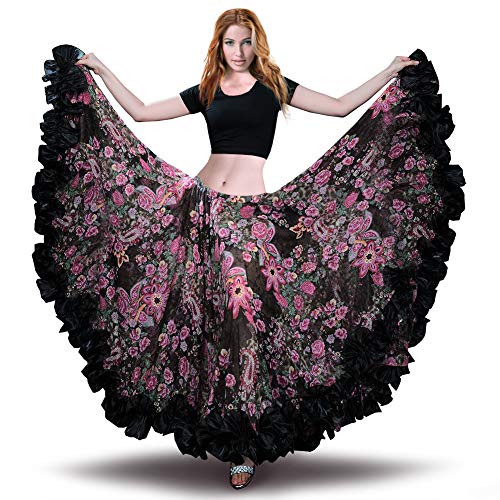 ROYAL SMEELA Flamenco Rock Bauchtanz Rock Damen 360/720 Grad Blumen Chiffon Langer Rock Maxirock Tribal Zigeuner Rock Kostüm Damen