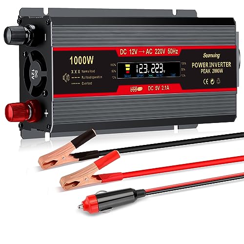 Seamuing 2000W Wechselrichter DC 12V auf AC 240V Spannungswandler 1 AC Steckdose & 2 USB Port Stromwandler mit Alligatorclip Zigarettenanzünder Stecker Power Inverter für Auto KFZ Wohnwagen LKW