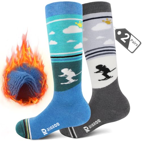 RIOROO 2 Paar Merinowolle Unisex Skisocken Kinder, Skisocken Kinder Dicke VerstäRkte SkistrüMpfe für Jungen Mädchen Thermo Wintersocken Warm Und Atmungsaktiv mit Anti-Rutsch-Bündchen Wade Design