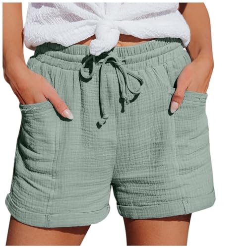 Hsternexy Shorts Damen Sommer Leinen Musselin Kurze Hose Beach Shorts Mit Taschen Mode Lässige Stoffhose Freizeit Shorts Elastische Taille Stretch Gerades Bein Sport Shorts mit Kordelzug Leinenhose