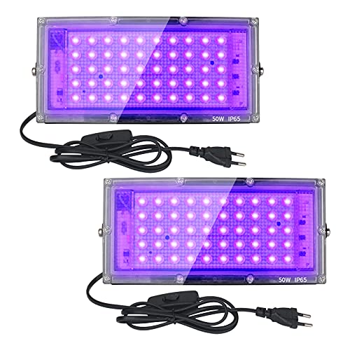 Eleganted 2er 50W LED Schwarzlicht Strahler, UV Fluter mit Stecker, IP65 Wasserdicht Schwarzlichtlampe, Fluoreszenz Blacklight mit Schalter, UV Scheinwerfer Partylicht für Bar, Neonfarben, Party Deko