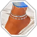 Ushiny Boho Fußkette für Damen Silber Sommerstrand Fussketten Strass Fußkettchen(3 Stück)
