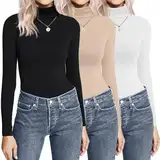 Ekouaer High Neck Top Langarmshirt Damen Winter Rollkragenshirt Slim Fit Basic Tops Gebürstete Turtleneck Pullover 3er Pack, Schwarz+Weiß+Beige, S