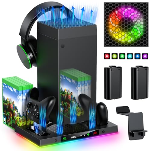 Automatischer Lüfter und Ladestation für die Xbox Series X Konsole mit 15 Lichtmodi, kabelloser Doppelladestation Zubehör, 2 wiederaufladbaren Akkus, Headset-Ständer und Aufbewahrung von Spieldiscs