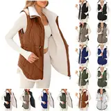 Weste Damen Lang Winter Revers Fleeceweste Einfarbig Fleece Steppweste Warm Gefüttert Longweste Outdoor Winterweste Ärmellose Winterjacke Damen-Westen Plüschweste mit Kordelzug und Taschen