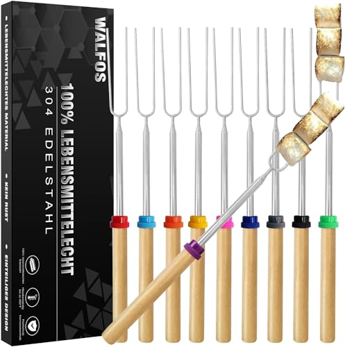 Walfos® Teleskop Grillspieße Edelstahl Marshmallow, Stockbrot Stöcke Roasting Sticks Schaschlikspieße, Lagerfeuerspieße, Grillstab, Grillbesteck Set für Camping Grill (10-teiliges Set)