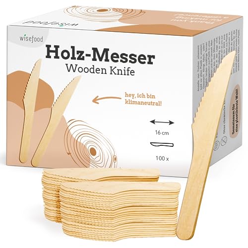 wisefood Einwegmesser aus Birkenholz, 20 Stück Einweg Holzmesser 16cm, Biologisch abbaubares Einwegbesteck, Natürlich, stabil, umweltfreundlich mit plastikfreier Verpackung