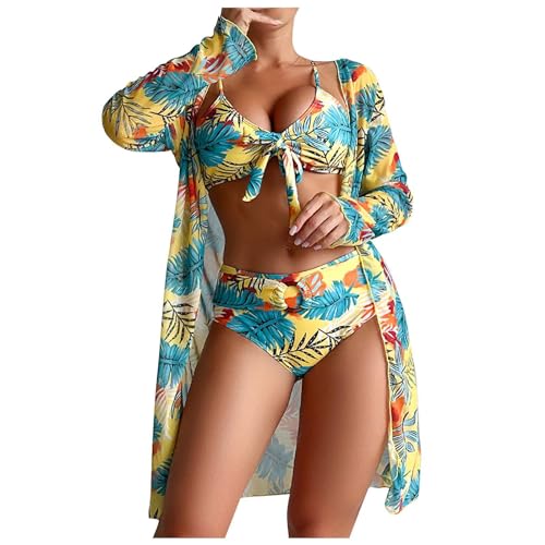 Blaue Badeanzüge für Mädchen 2024 3-teilige Badeanzüge für Damen, Bedruckt, String-Bikini-Slip-Sets, Badeanzug mit Langen Ärmeln, Überwurf, Anzug, Strandmode 1-Yellow L