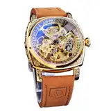FORSINING Fancy Uhren für Männer, quadratische Retro mechanische Uhr Self-Wind geschnitzt, Gear Uhrwerk Golden Skelett Automatische Uhren Vintage Lederarmband Armbanduhr