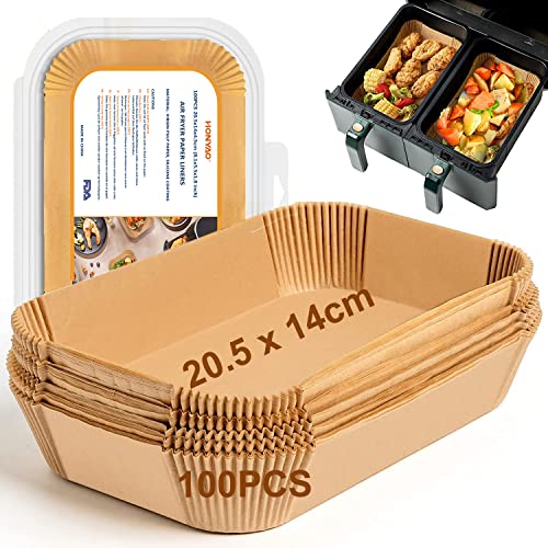 Backpapier für Heißluftfritteuse mit Doppelkammer, HONYAO 100 Stück 20,5x14cm Rechteckig Airfryer Papier Liners kompatibel mit Ninja Dual/Double Stack, und Anderen Dual Zone Air Fryer