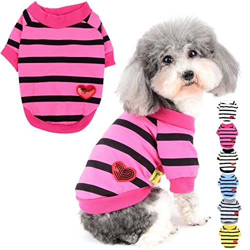 Zunea Hunde-Shirts für Kleine Hunde Sommer Basic T-Shirt Streifen Welpen Kleidung Pailletten Liebe Herz Sweatshirt Weiche Baumwolle Tee Shirt Haustier Kleidung Pullover Chihuahua Bekleidung Rosa XS