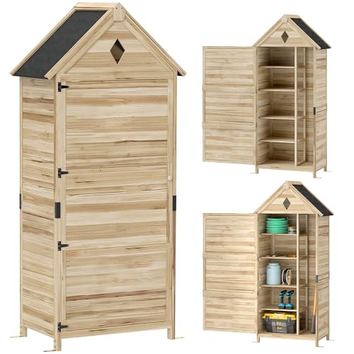 Outsunny Gartenschrank Holz, wasserdicht Geräteschuppen 80 x 49 x 170 cm, wetterfest Gerätehaus mit Tür, Satteldach, Ablagen, Geräteschrank, Werkzeugschrank Gartenschuppen für Garten, Rasen, Naturholz