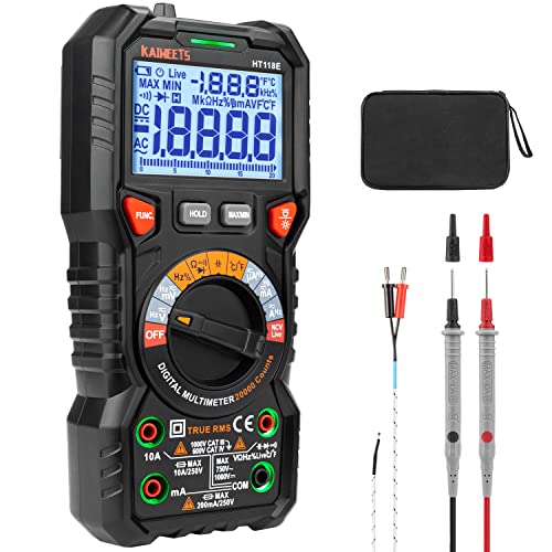 Digital Multimeter mit LED-Buchsen, KAIWEETS HT118E Strommessgerät, True RMS Auto-Range 20000 Zähler, misst Spannung,Kapazität, Temperatur, Widerstand für Elektriker