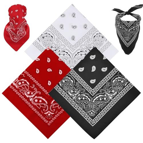 3 Stück Bandana Damen Herren Bandana Set Kopftuch Pirat Damen Kopftücher Piraten Kopftuch mit Paisleymuster Unisex Bandana Tuch Paisley Bandanas Headwear Haar Schal (54 x 54 cm, Rot, Schwarz, Weiß)