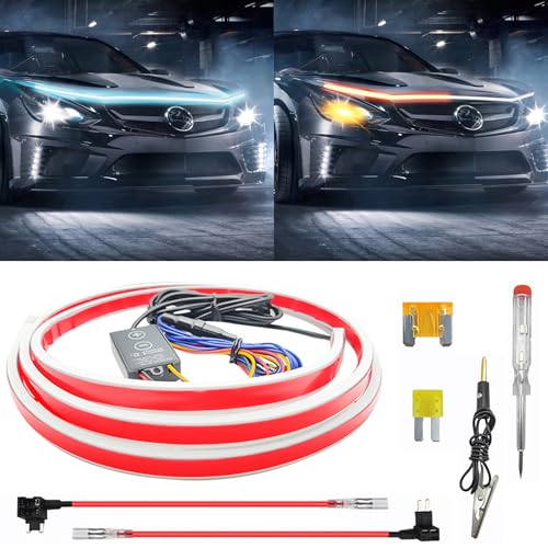 Universal Auto Tagfahrlicht, Auto Motorhaube Lichtstreifen Wasserdichtes 2-farbiges Licht Flexible Waterproof Auto Streifen Licht Dynamic Scan Start Up Kit Auto Motorhaube Lichtstreifen (Blau, 240cm)
