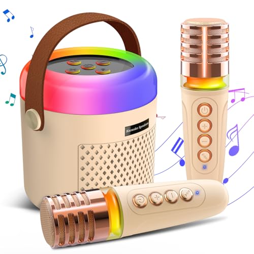 Gindoly Karaoke Maschine Kinder & Erwachsene, Bluetooth Mini Karaoke Set mit 2 Mikrofonen, Tragbare KaraokeMaschine mit LED-Licht & Sprachveränderungseffekten,Jungen Mädchen Geschenke Spielzeug-Beige