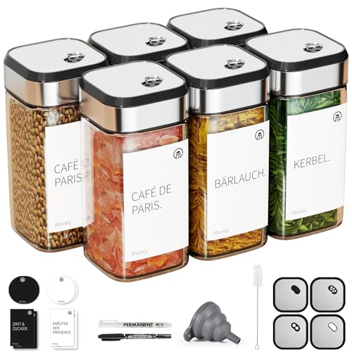 Miorkly Gewürzgläser Eckig mit Streueinsatz 6er, Gewürzstreuer Glas 120 ml-Gewürzdosen set-Gewürz Organizer-Gewürzbehälter mit drehbarem Gewürzlochdeckel mit Etikett-Gewürzglas Spice Jars