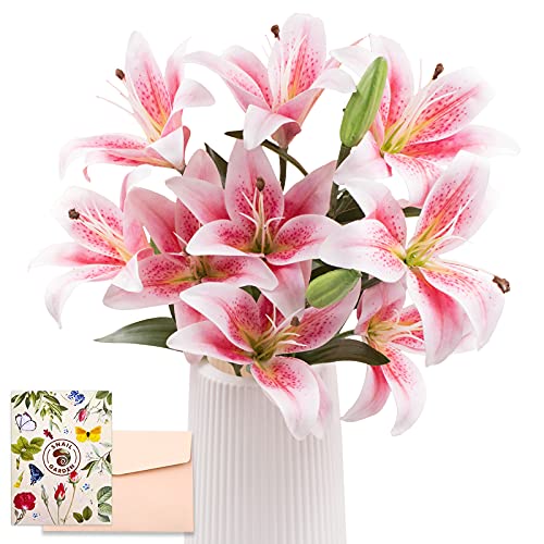 SNAIL GARDEN 12 Köpfe Künstliche Lilien Blumen, 50cm Langer Stiel Lilien Kunstblumen mit 9 Blühende Köpfe & 3 Knospen mit Grußkarte & Papiertüte, Künstliche Blumen für Haus Geschenk Büro Dekor