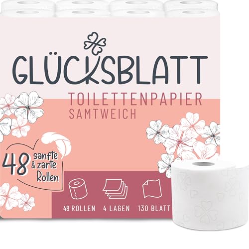 Glücksblatt Toilettenpapier SAMTWEICH, 4-lagig, 48 Rollen x 130 Blatt, 100% Zellstoff, superweiches Klopapier mit Glücks-Prägung, WC Papier, ideal für Camping, Verpackung aus mindestens 30% PCR-Anteil