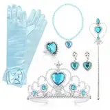 KarneLux Prinzessin Zubehör Set 8 tlg. - Eiskönigin Kostüm Accessoires für Mädchen mit Krone, Zauberstab, Handschuhe und Schmuck für Geburtstag, Karneval und Fasching